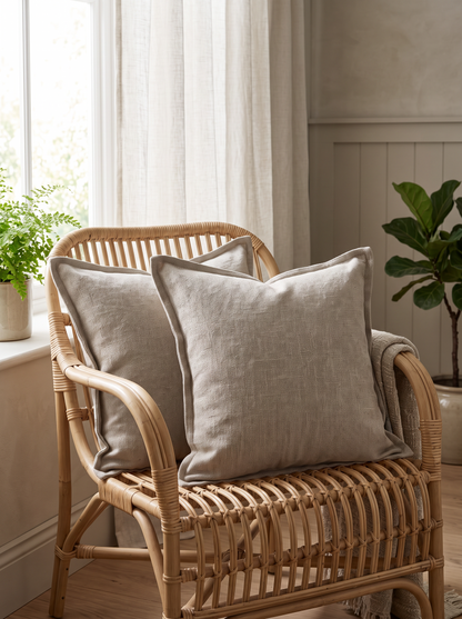 Flecked Jacquard Cotton Cushion Covers in Beige, styled at home on a rattan armchair by a window