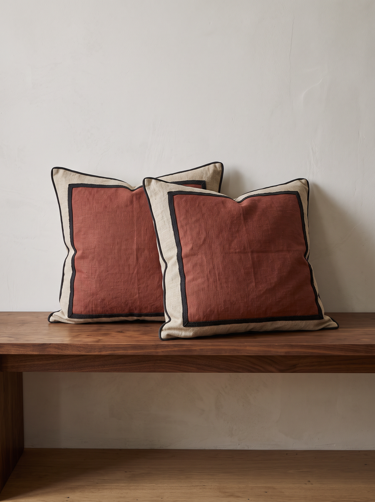 Framed Border Jacquard Cushion Covers in Rust & Linen, styled at home on a walnut bench