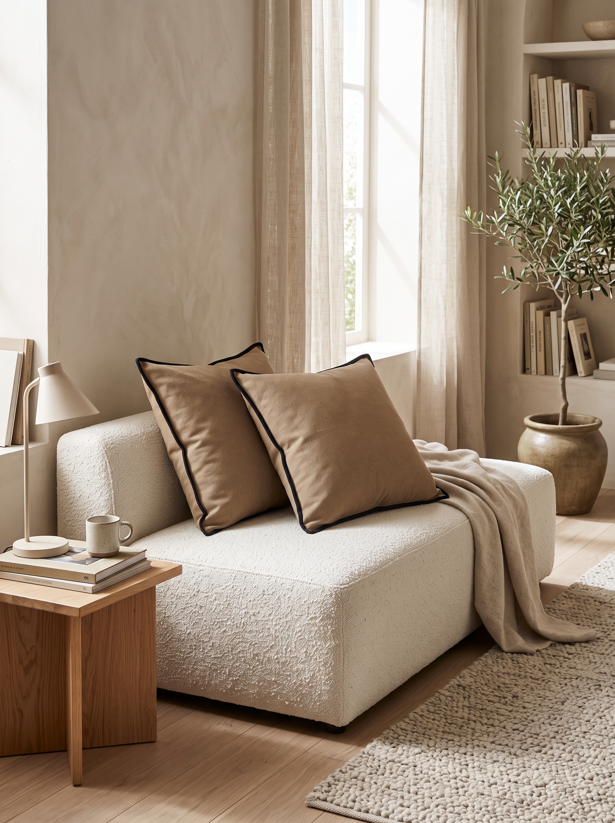 Contrast Bound Cotton Cushion Covers in Brown, styled at home on a bouclé daybed