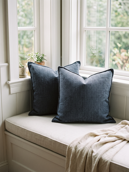 Heathered Jacquard Cushion Covers in Slate Blue, styled at home on a window seat