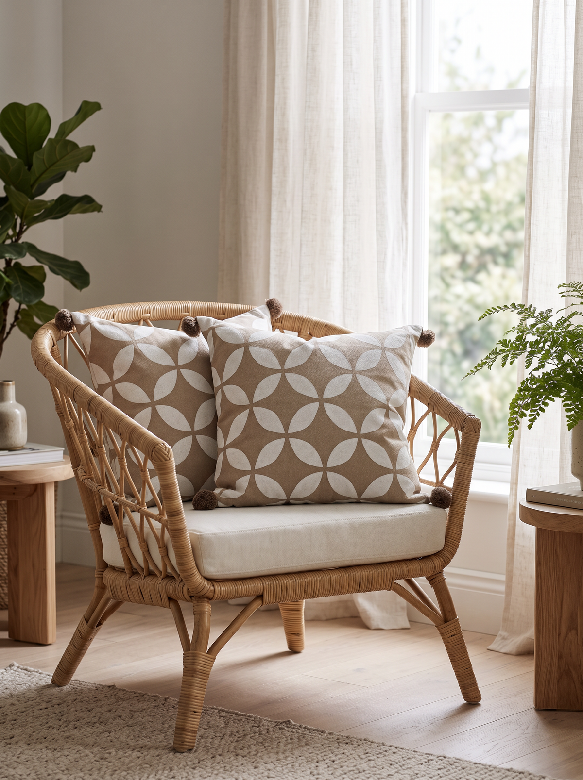 Petal Lattice Embroidery Cotton Cushion Covers in Beige, styled at home on a rattan armchair by a window