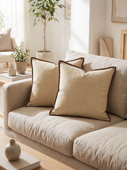 Contrast Bound Cotton Cushion Covers in Straw Yellow, styled at home on a linen sofa
