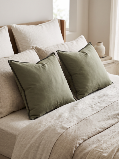 Contrast Bound Cotton Cushion Covers in Olive Green, styled at home on a made bed