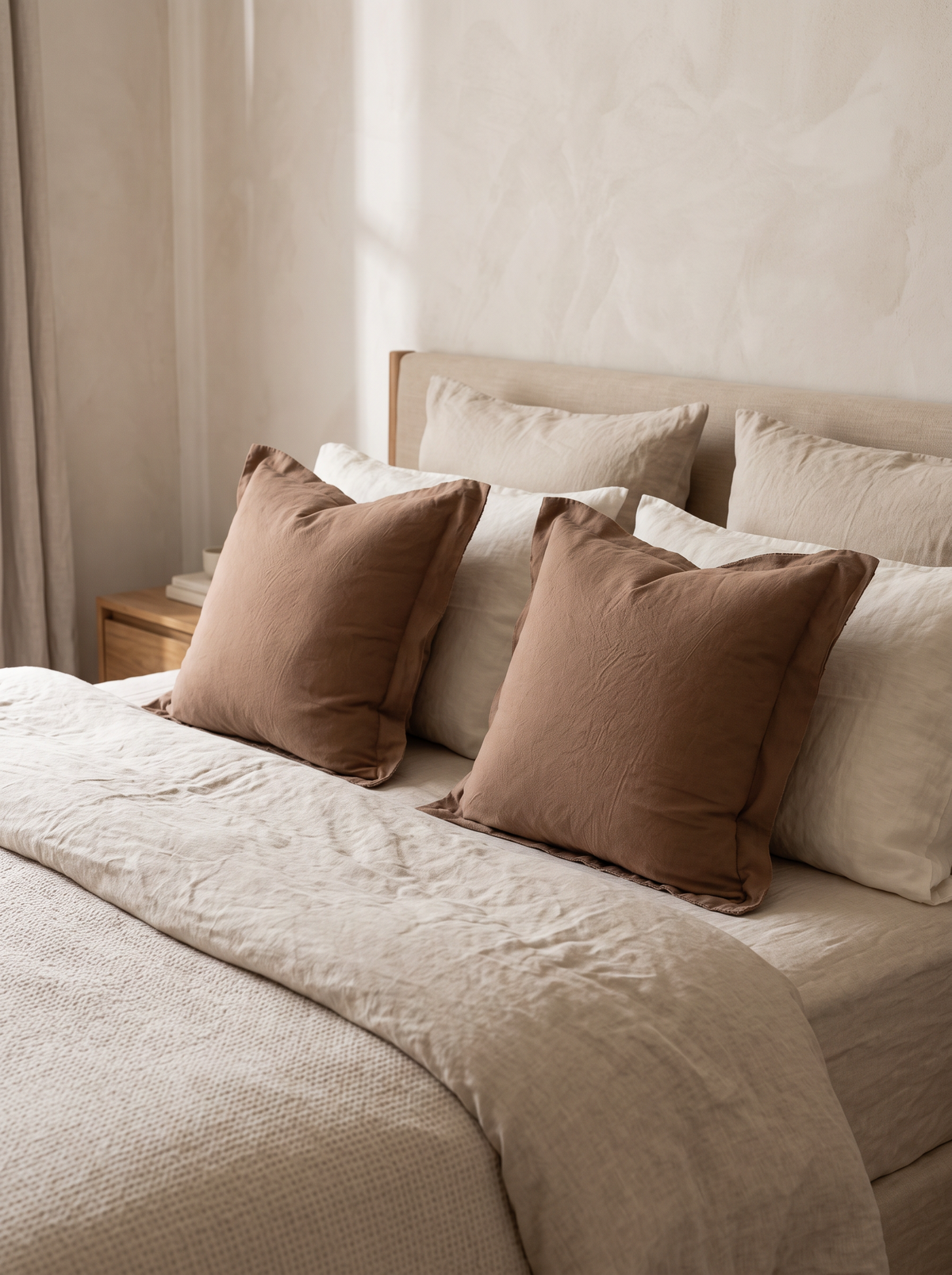 Two-Tone Flanged Viscose Linen Cushion Covers in Rust, styled at home on a made bed