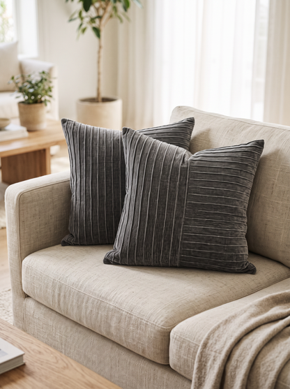Pinstripe Panel Linen Cushion Covers in Dark Grey, styled at home on a linen sofa