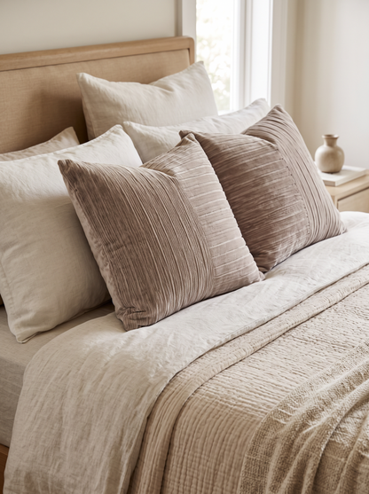 Pinstripe Panel Linen Cushion Covers in Rose Grey, styled at home on a made bed