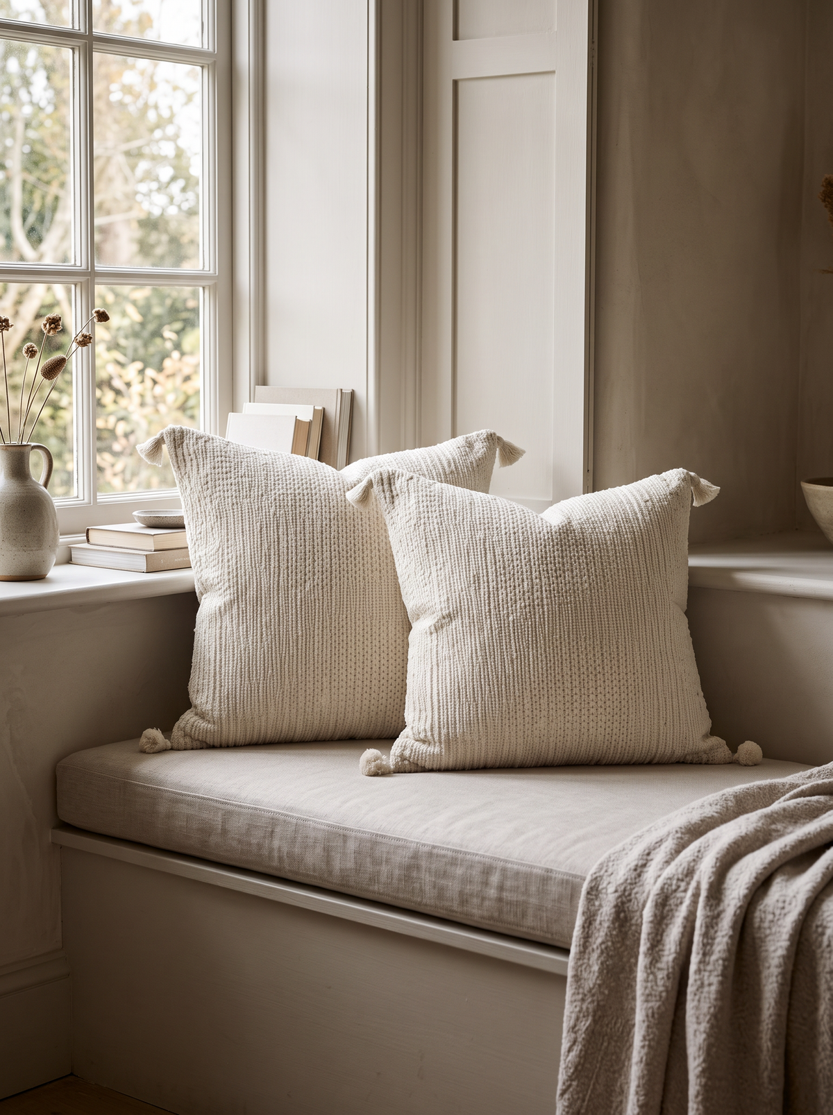 Rose & Ivory Tweed and Bouclé Cushion Covers in Ivory Bouclé Tassel, styled at home on a window seat