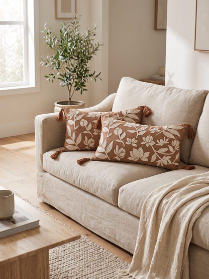 Terracotta Embroidery Ramie Cotton Cushion Covers in Terracotta Lotus Lumbar, styled at home on a linen sofa