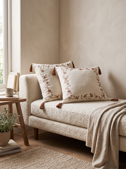 Terracotta Embroidery Ramie Cotton Cushion Covers in Ivory & Terracotta Floral, styled at home on a bouclé daybed