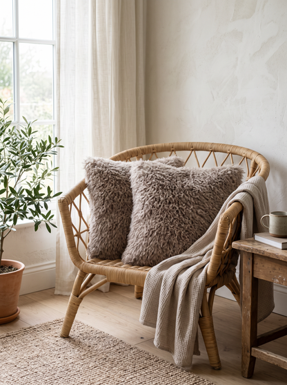 Shaggy Faux Fur Cushion Covers in Beige Apricot, styled at home on a rattan armchair by a window