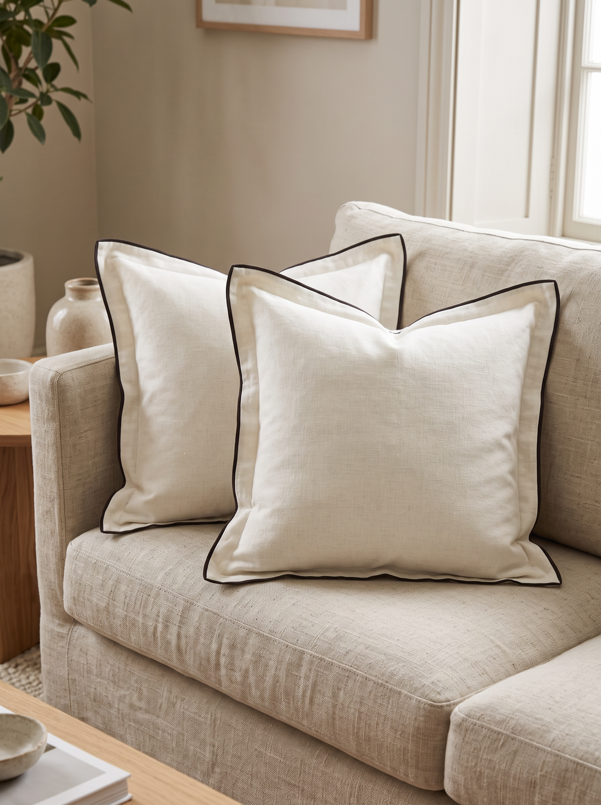 Contrast Edge Linen Cotton Cushion Covers in White & Black Edge, styled at home on a linen sofa