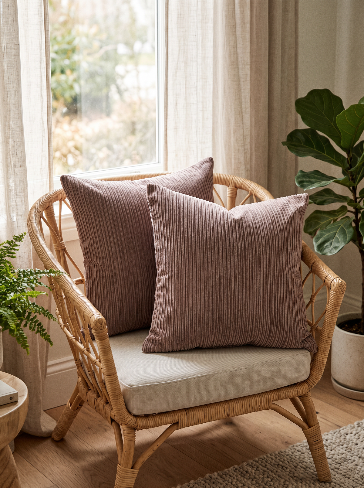 Pinstripe Jacquard Cotton Cushion Covers in Mauve, styled at home on a rattan armchair by a window