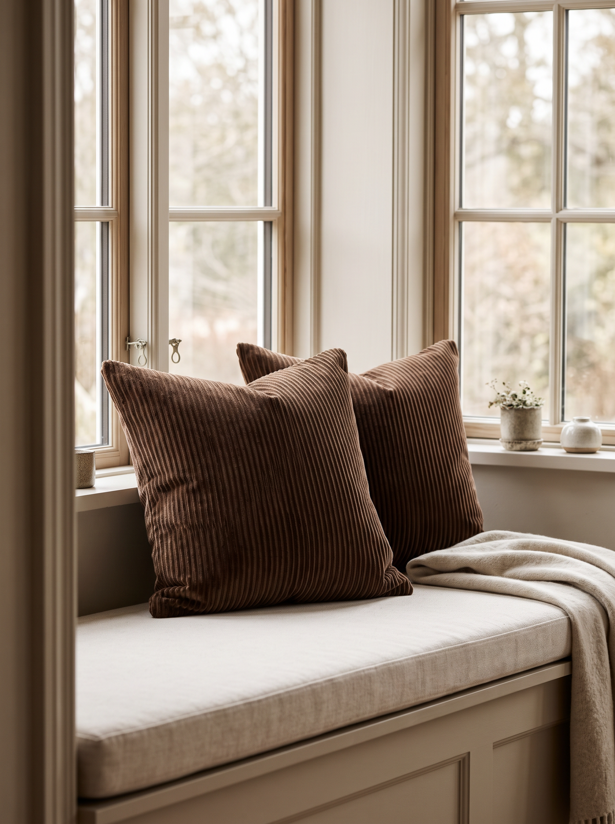 Pinstripe Jacquard Cotton Cushion Covers in Brown, styled at home on a window seat