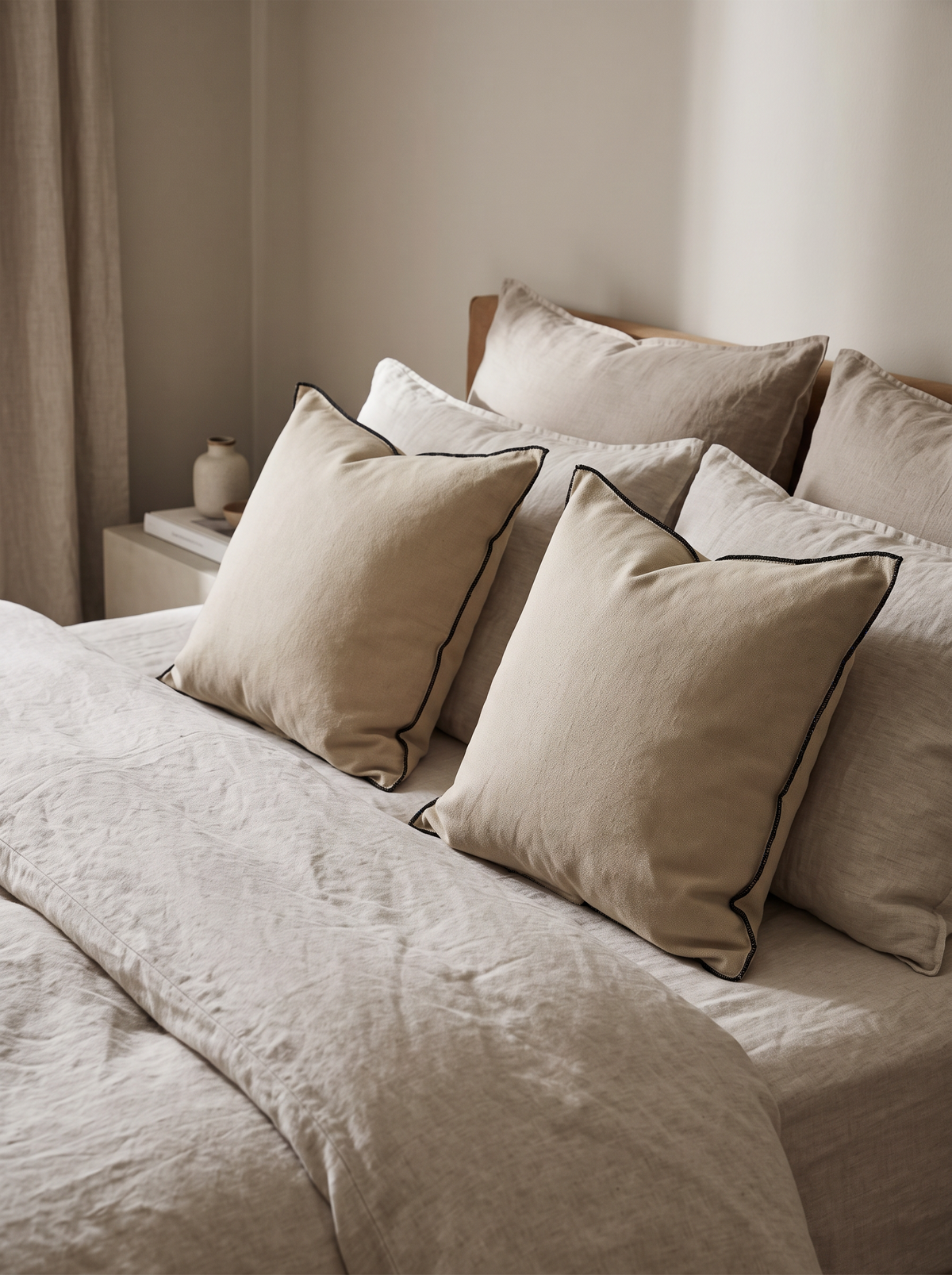 Contrast Edge Linen Cotton Cushion Covers in Beige & Black Edge, styled at home on a made bed