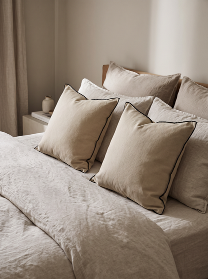Contrast Edge Linen Cotton Cushion Covers in Beige & Black Edge, styled at home on a made bed
