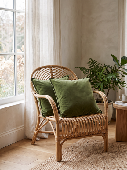 Piped Soft-Touch Cushion Covers in Green, styled at home on a rattan armchair by a window