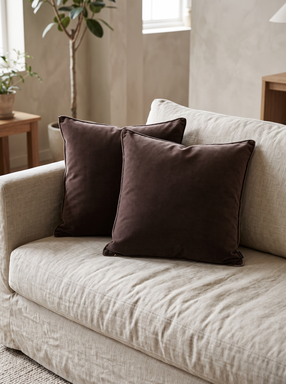 Piped Soft-Touch Cushion Covers in Auburn, styled at home on a linen sofa