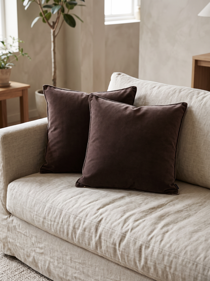 Piped Soft-Touch Cushion Covers in Auburn, styled at home on a linen sofa