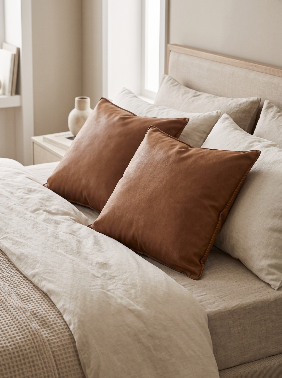 Piped Soft-Touch Cushion Covers in Caramel, styled at home on a made bed