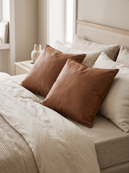 Piped Soft-Touch Cushion Covers in Caramel, styled at home on a made bed