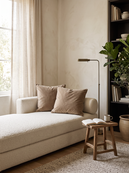 Piped Soft-Touch Cushion Covers in Taupe, styled at home on a bouclé daybed