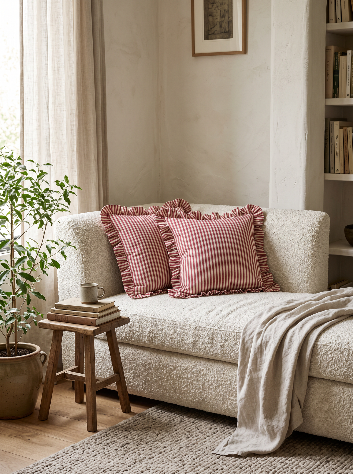 Ruffled Ticking Stripe Cotton Cushion Covers in Red, styled at home on a bouclé daybed