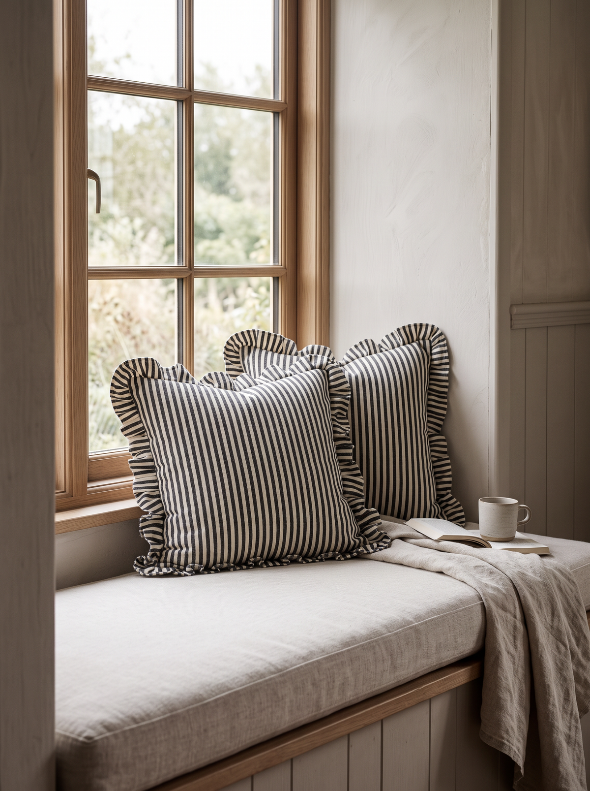 Ruffled Ticking Stripe Cotton Cushion Covers in Black, styled at home on a window seat