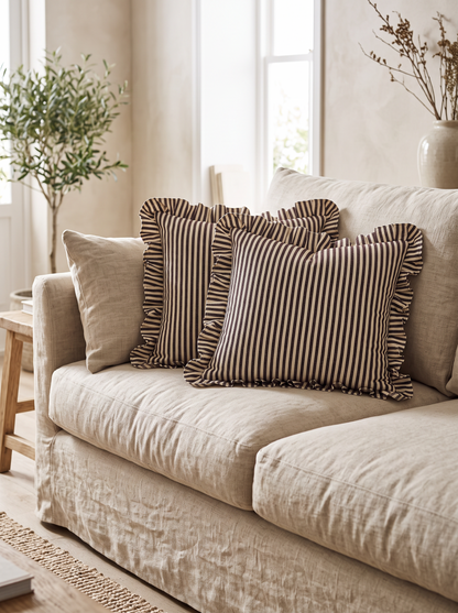 Ruffled Ticking Stripe Cotton Cushion Covers in Coffee, styled at home on a linen sofa