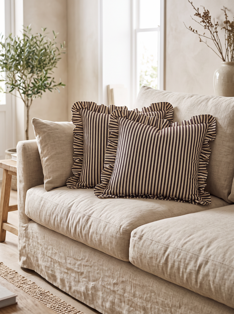 Ruffled Ticking Stripe Cotton Cushion Covers in Coffee, styled at home on a linen sofa