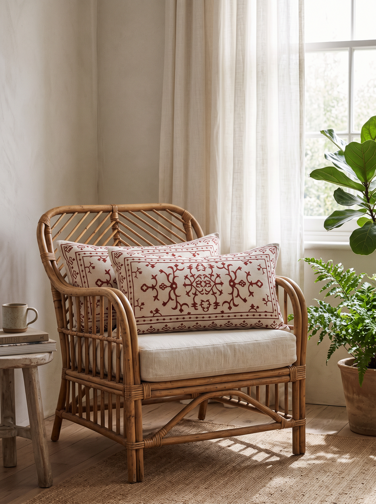 Red & Blue Embroidery Cushion Covers in Medallion Lumbar, styled at home on a rattan armchair by a window