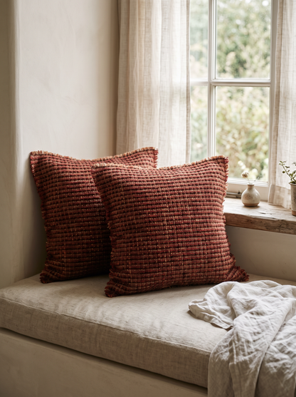 Red & Blue Embroidery Cushion Covers in Brick Red Fringed, styled at home on a window seat