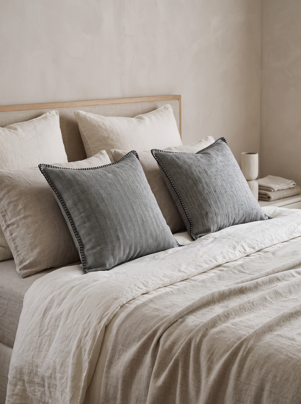 Herringbone Cotton Linen Cushion Covers in Rock Black, styled at home on a made bed