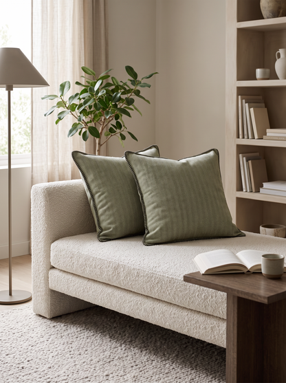 Herringbone Cotton Linen Cushion Covers in Grass Green, styled at home on a bouclé daybed