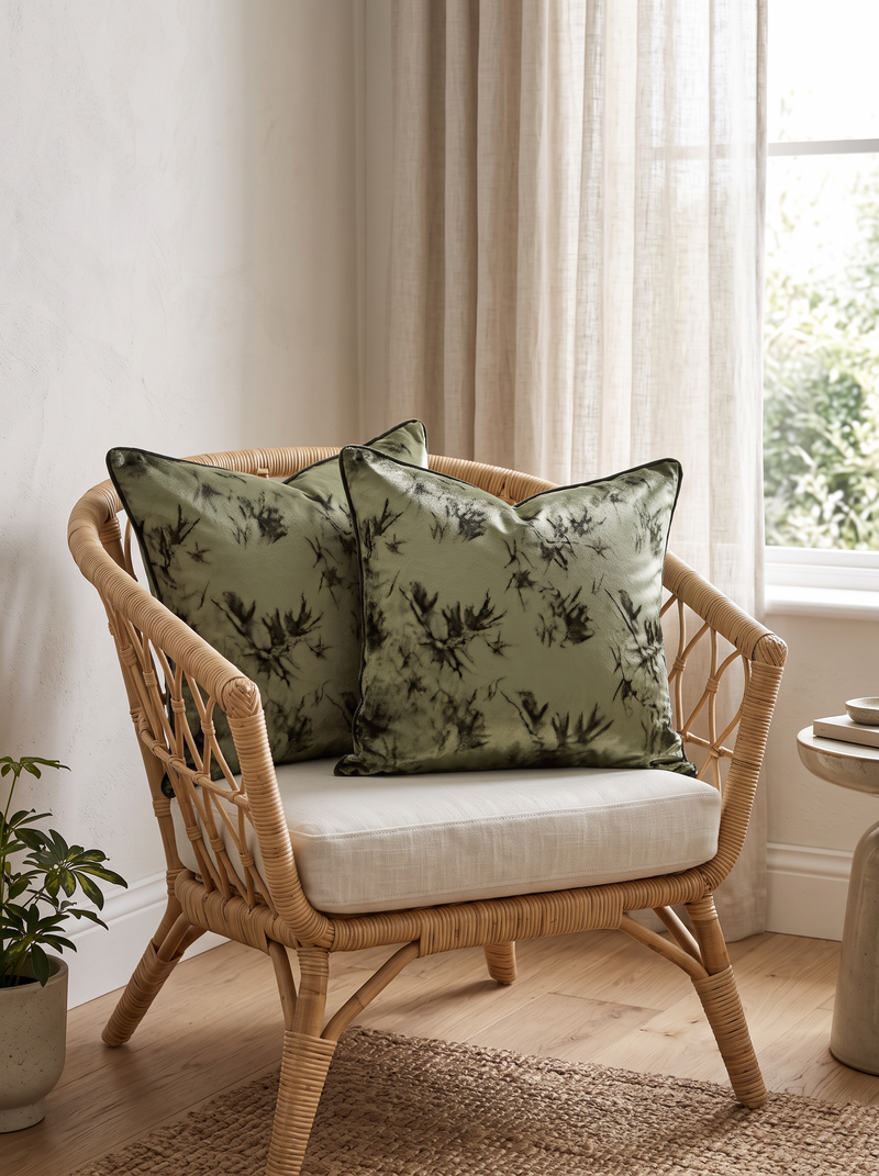 Bamboo Leaf Jacquard Cushion Covers in Sage Green, styled at home on a rattan armchair by a window