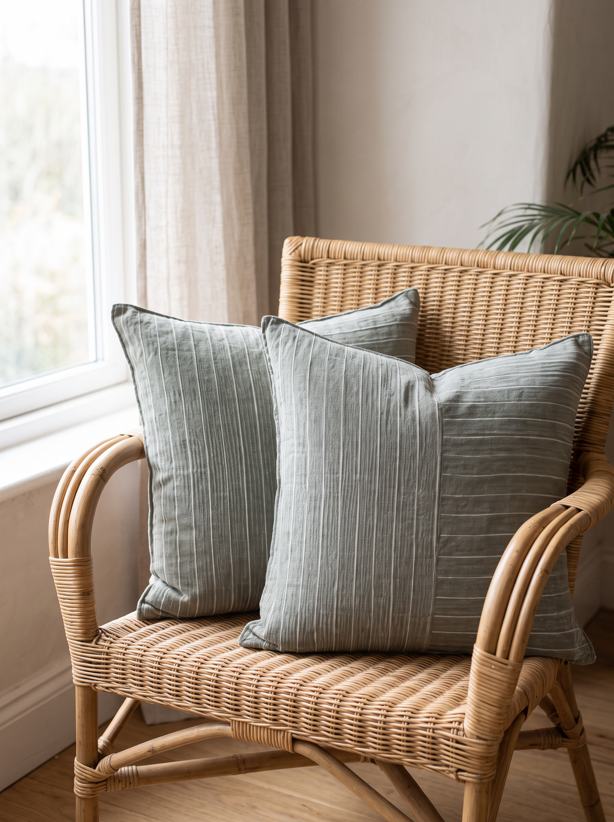 Pinstripe Panel Linen Cushion Covers in Olive Green, styled at home on a rattan armchair by a window