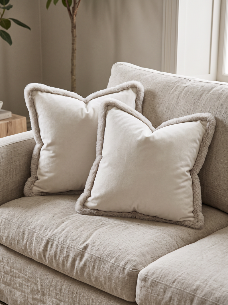 Faux Rabbit Fur Cushion Covers in Cream, styled at home on a linen sofa
