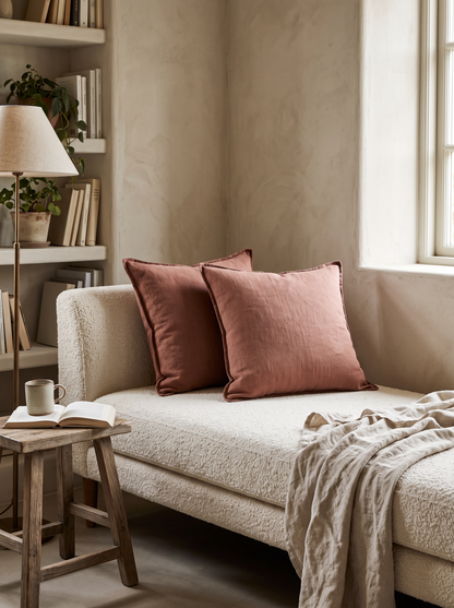 Enzyme-Washed Linen Cotton Cushion Covers in Reddish Orange, styled at home on a bouclé daybed