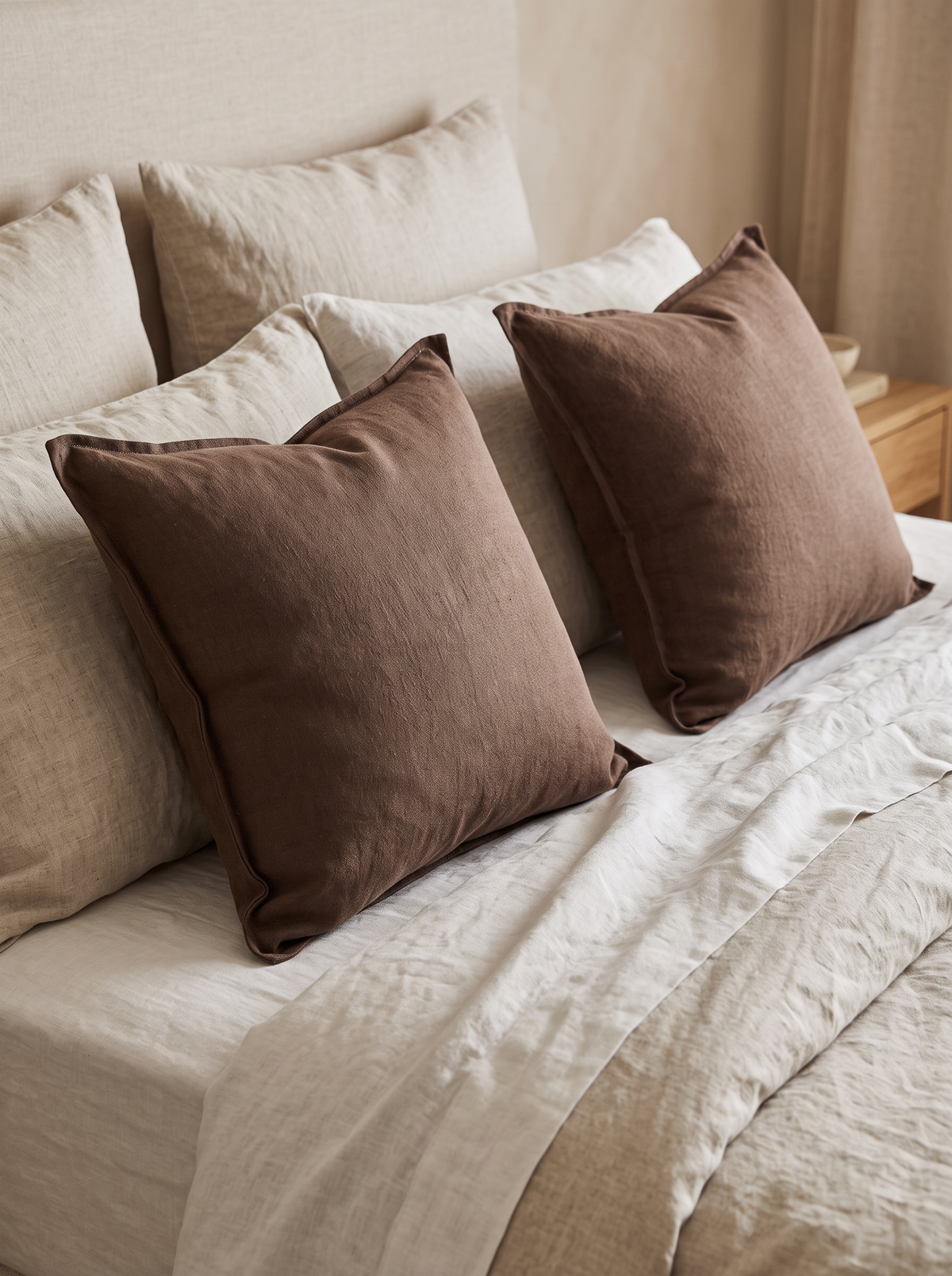 Enzyme-Washed Linen Cotton Cushion Covers in Coffee, styled at home on a made bed