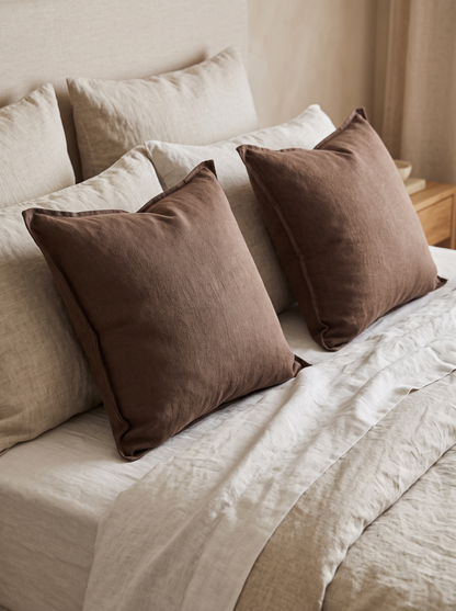 Enzyme-Washed Linen Cotton Cushion Covers in Coffee, styled at home on a made bed