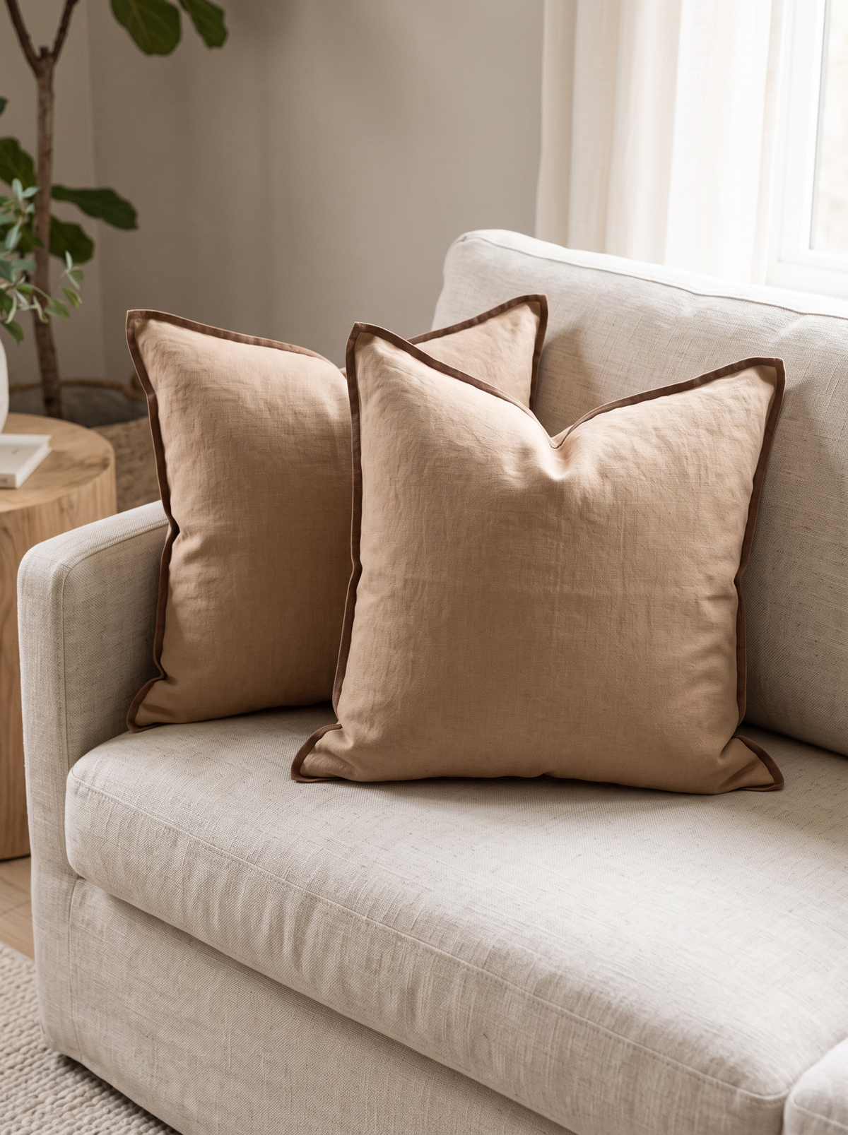 Enzyme-Washed Linen Cotton Cushion Covers in Caramel, styled at home on a linen sofa