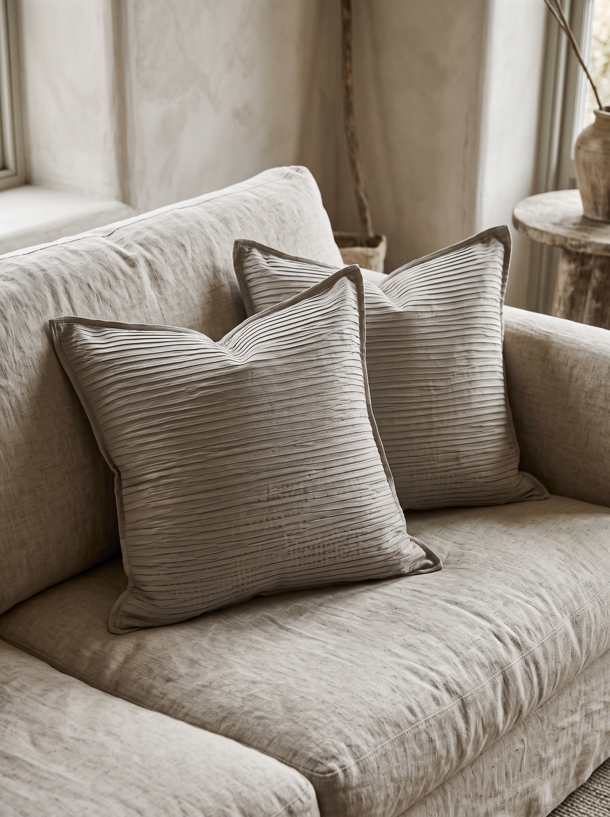 Ribbed Jacquard Cotton Cushion Covers in Flaxen, styled at home on a linen sofa