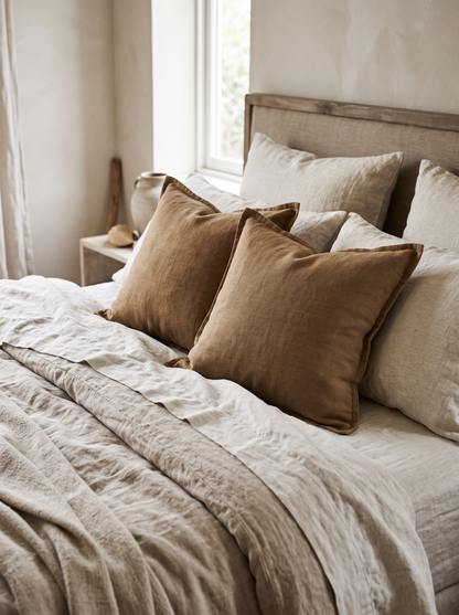 Caramel Slub Jacquard Cotton Linen Cushion Covers, styled at home on a made bed