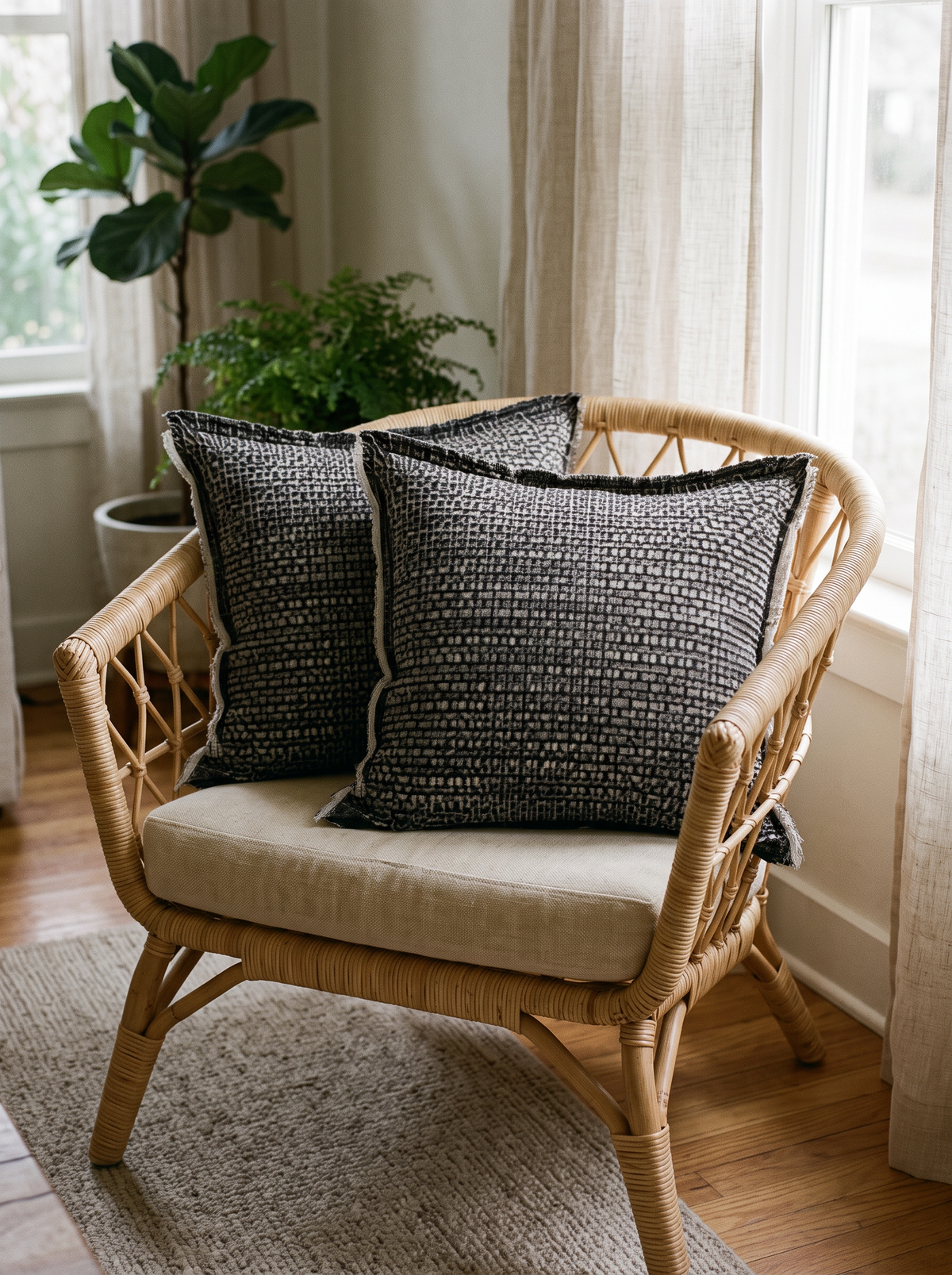 Charcoal Fringed Jacquard Tassel Cushion Covers, styled at home on a rattan armchair by a window