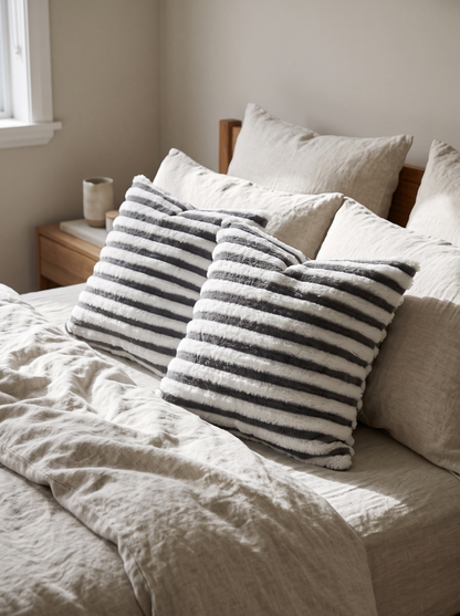 Grey & Ivory Stripe Faux Fur Cushion Covers, styled at home on a made bed