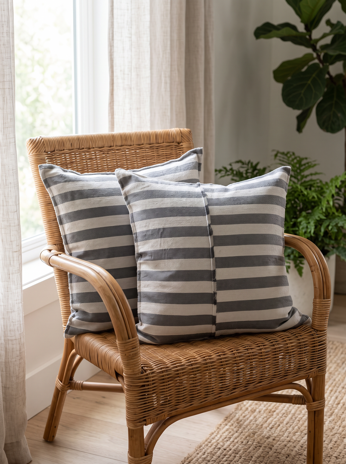 Grey Stripe Jacquard Tassel Linen Viscose Cushion Covers, styled at home on a rattan armchair by a window