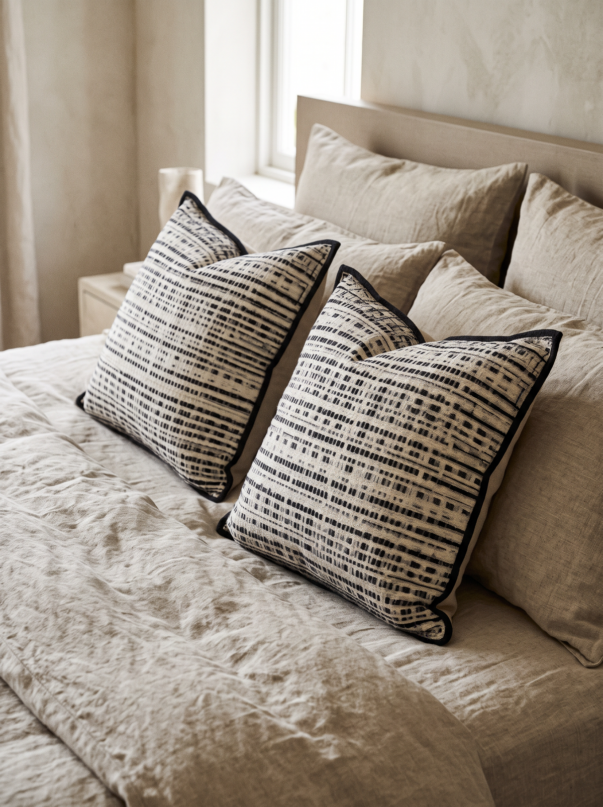 Ivory & Black Tweed Jacquard Viscose Linen Cushion Covers, styled at home on a made bed