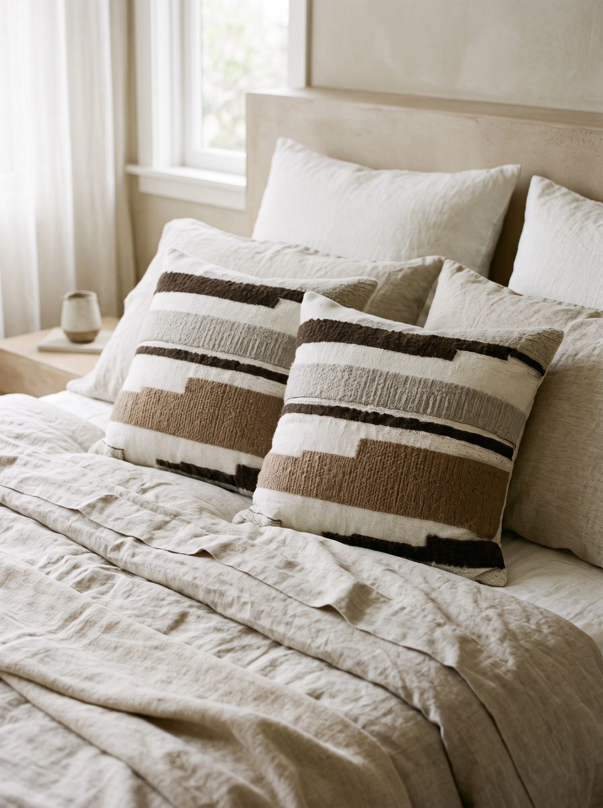 Ivory & Brown Brushstroke Embroidery Cushion Covers, styled at home on a made bed