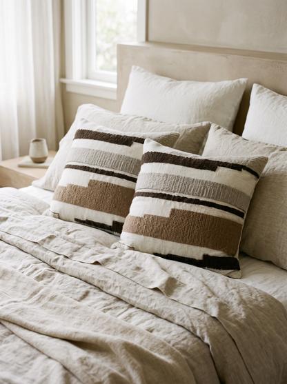 Ivory & Brown Brushstroke Embroidery Cushion Covers, styled at home on a made bed