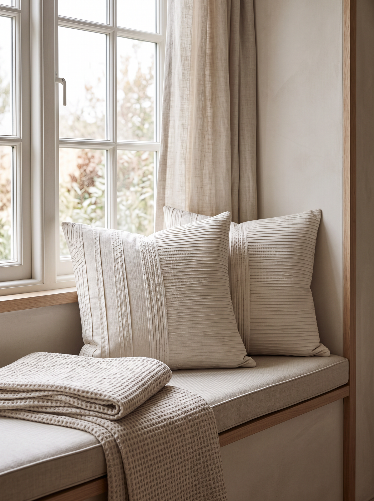 Ivory Banded Hand-Woven Cotton Linen Cushion Covers, styled at home on a window seat