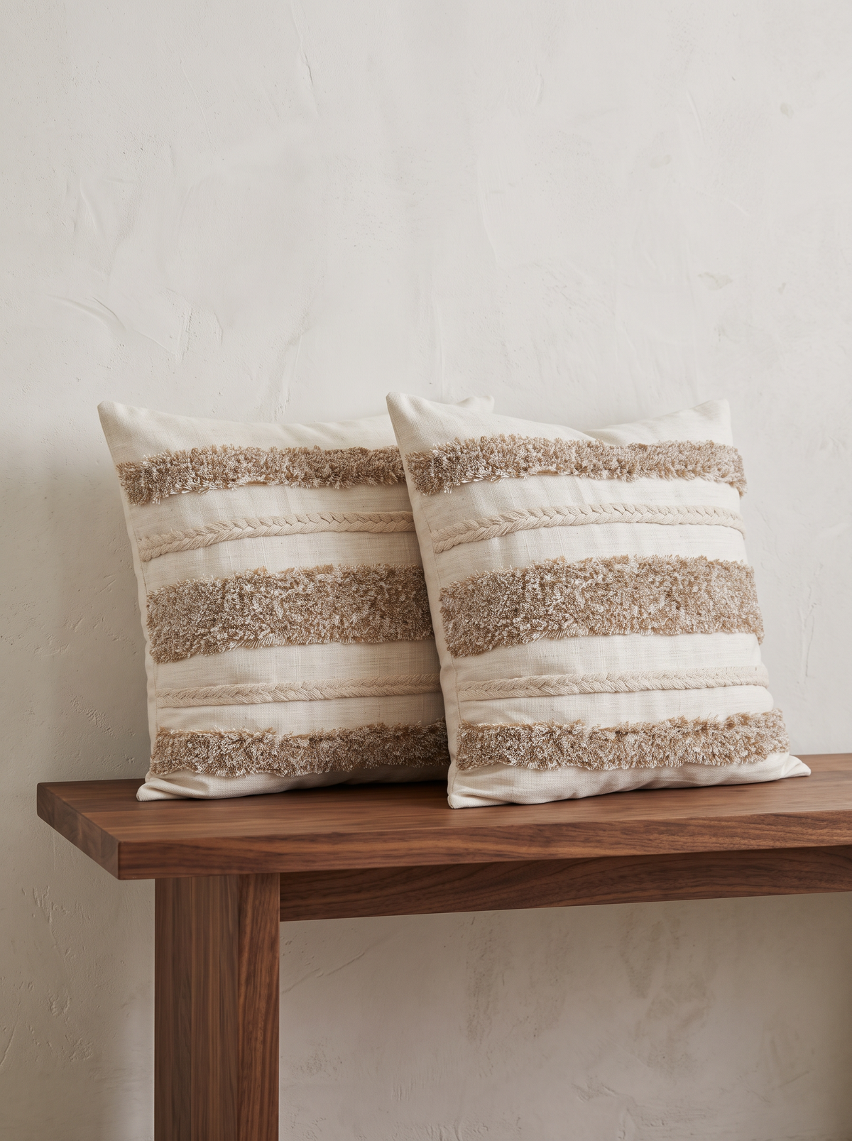 Ivory & Oat Banded Embroidery Cushion Covers, styled at home on a walnut bench